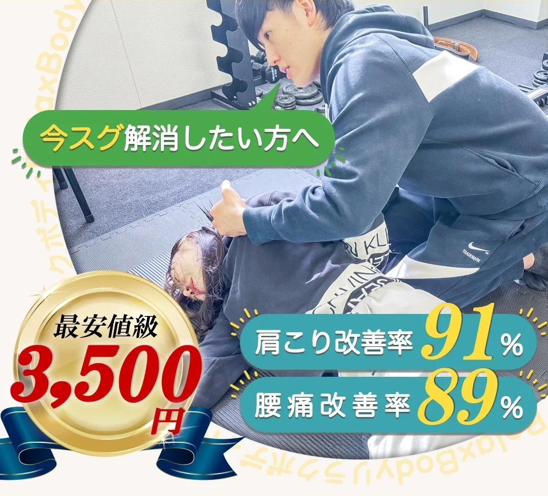 今スグ解消したい方へ、3,500円の最安値級、肩こり改善率91%、腰痛改善率89%