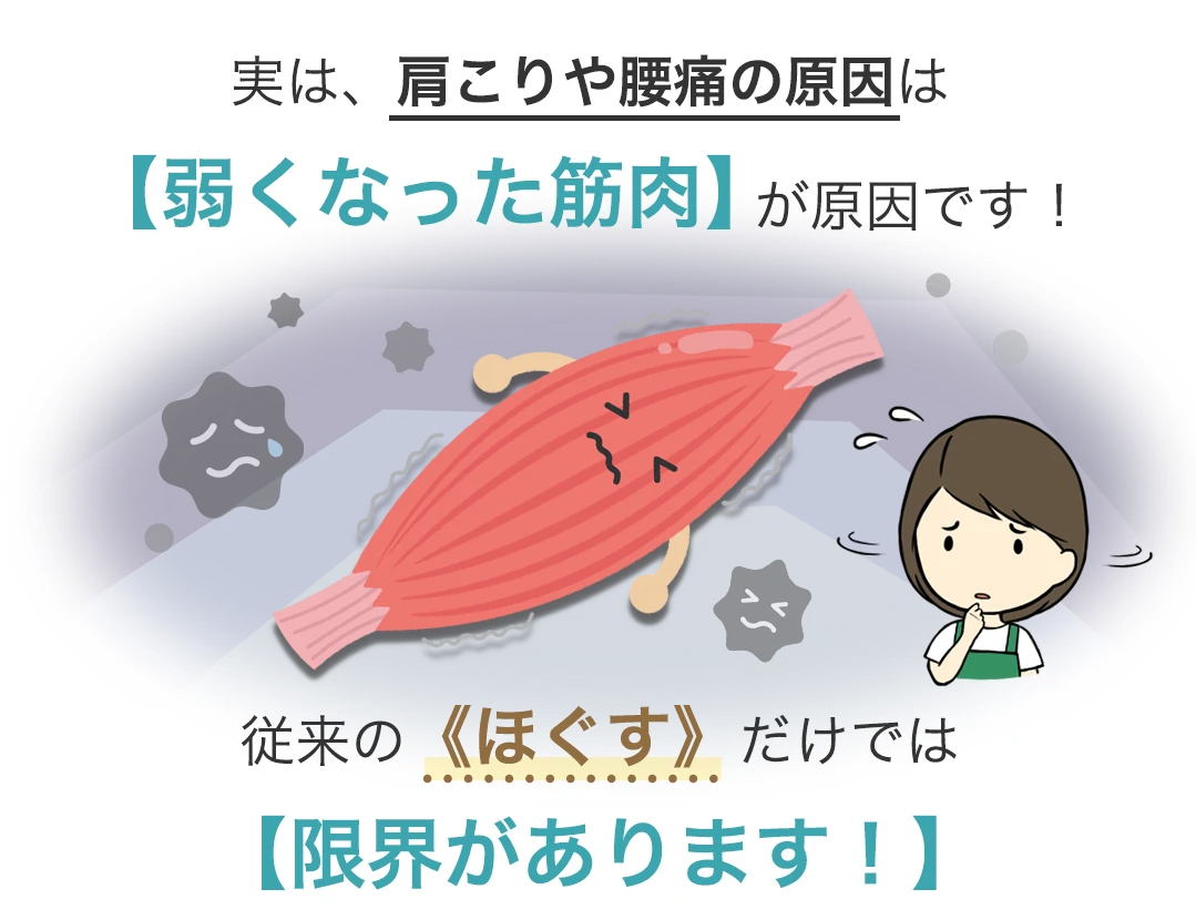 実は、肩こりや腰痛の原因は【弱くなった筋肉】が原因です！従来の《ほぐす》だけでは【限界があります！】