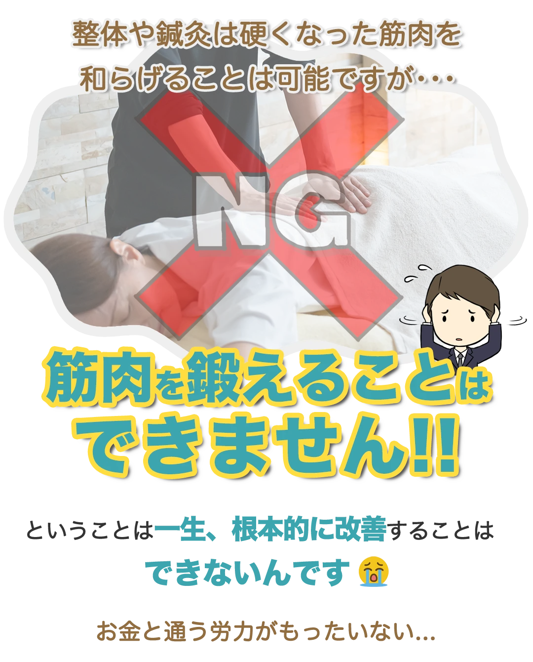 整体や鍼灸は硬くなった筋肉を和らげることは可能ですが【筋肉を鍛えることはできません！】ということは一生、根本的に改善することはできないんです。お金と通う労力がもったいない。。