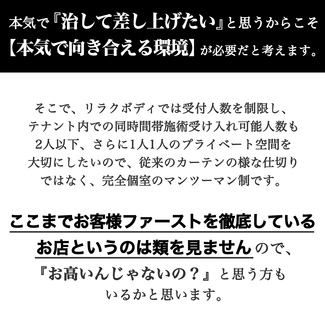本気で『治して差し上げたい』と思うからこそ【本気で向き合える環境】が必要だと考えます。そこで、もみほぐし【肩こり／腰痛改善】リラクボディでは受付人数を制限し、テナント内での同時間帯施術受け入れ可能人数も2人以下、さらに1人1人のプライベート空間を大切にしたいので、従来のカーテンの様な仕切りではなく、完全個室のマンツーマン制です。ここまでお客様ファーストを徹底しているお店というのは類を見ませんので、『お高いんじゃないの？』と思う方もいるかと思います。