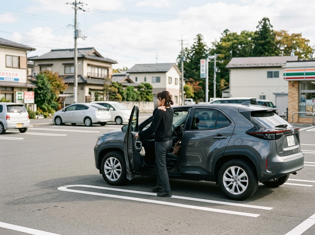 車移動のあとに肩の重さを気にする女性
