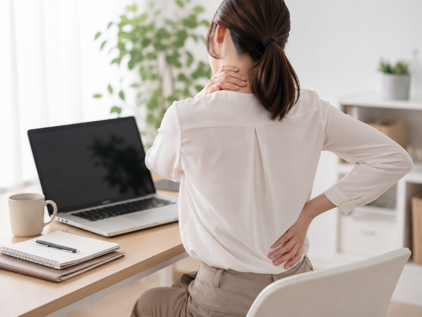 デスクワーク中に首肩と腰の疲れを感じる女性