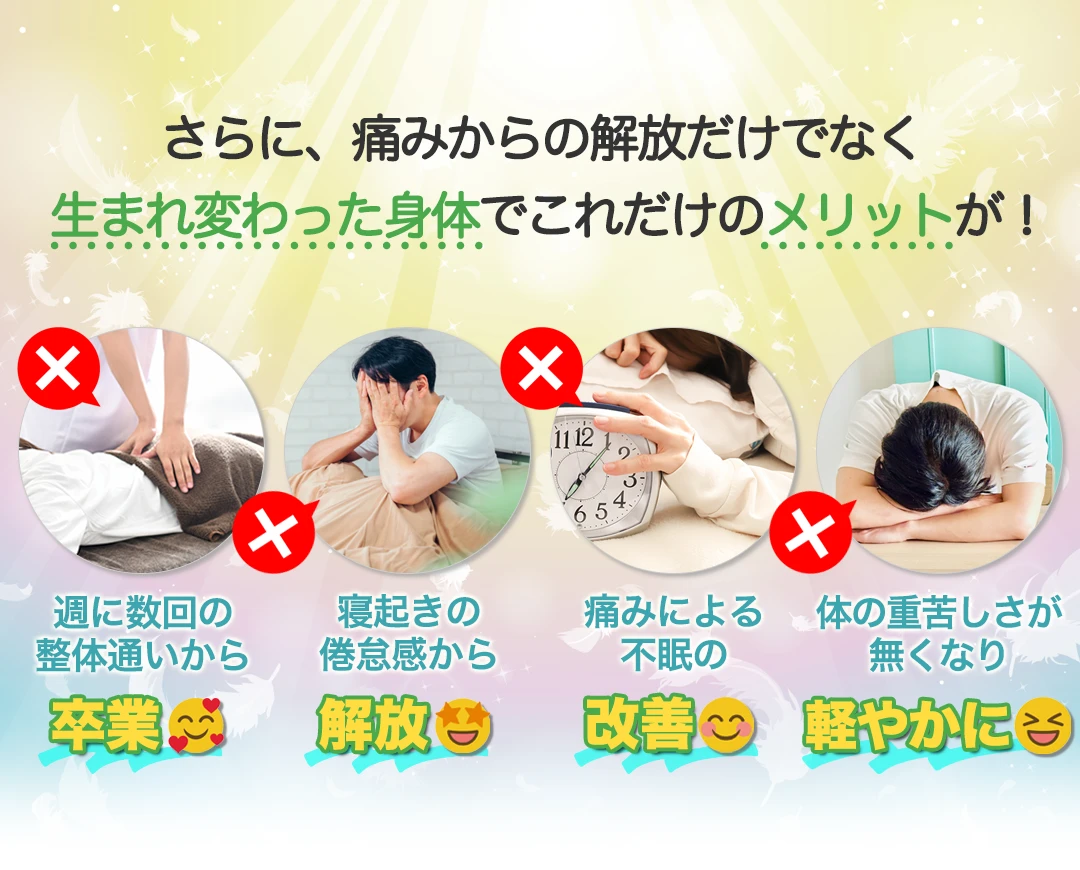 さらに、痛みからの解放だけでなく生まれ変わった身体でこれだけのメリットが!週に数回の整体通いから卒業、寝起きの倦怠感から解放、痛みによる不眠の改善、体の重苦しさが無くなり軽やかに