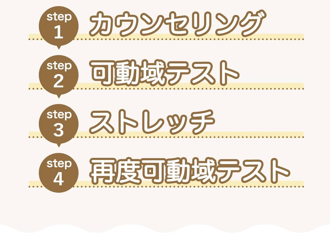 カウンセリング、可動域テスト、ストレッチ再度可動域テスト